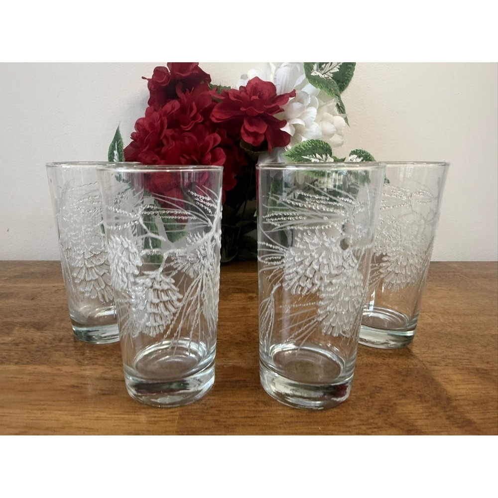 Vintage Libbey St Clair Frosted Pinecone Highball Glasses Set of Four MCM Bar